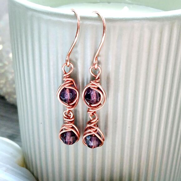 Copper Wire Glass Beaded Dangle Earrings, Boho Chic Artisan OOAK 2" - Picture 2 of 10